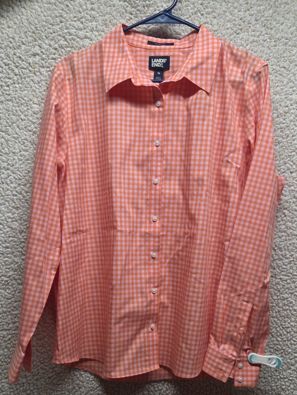 Lands' End Orange and Pink Gingham Button-Down Shirt